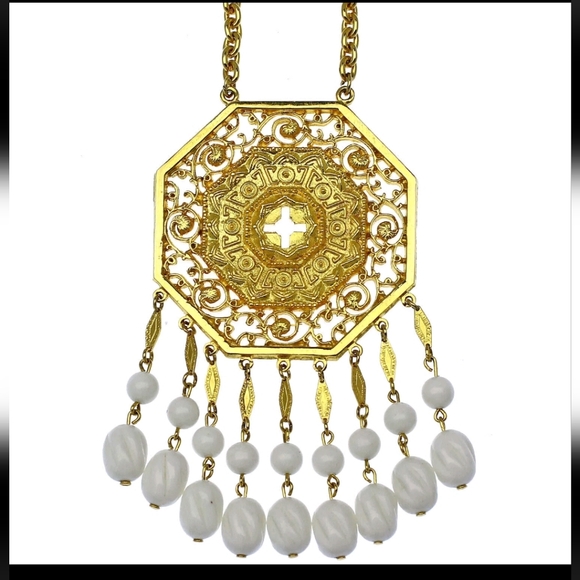 60s Vintage Vendome Gold Tone Pendant Necklace Etruscan Mod White Lucite Dangles - Picture 1 of 1